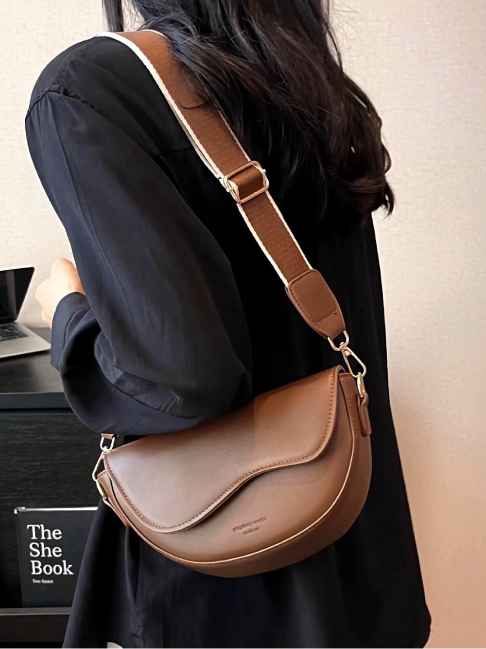 Everyday Brown Crescent Shoulder Bag with Wide Strap